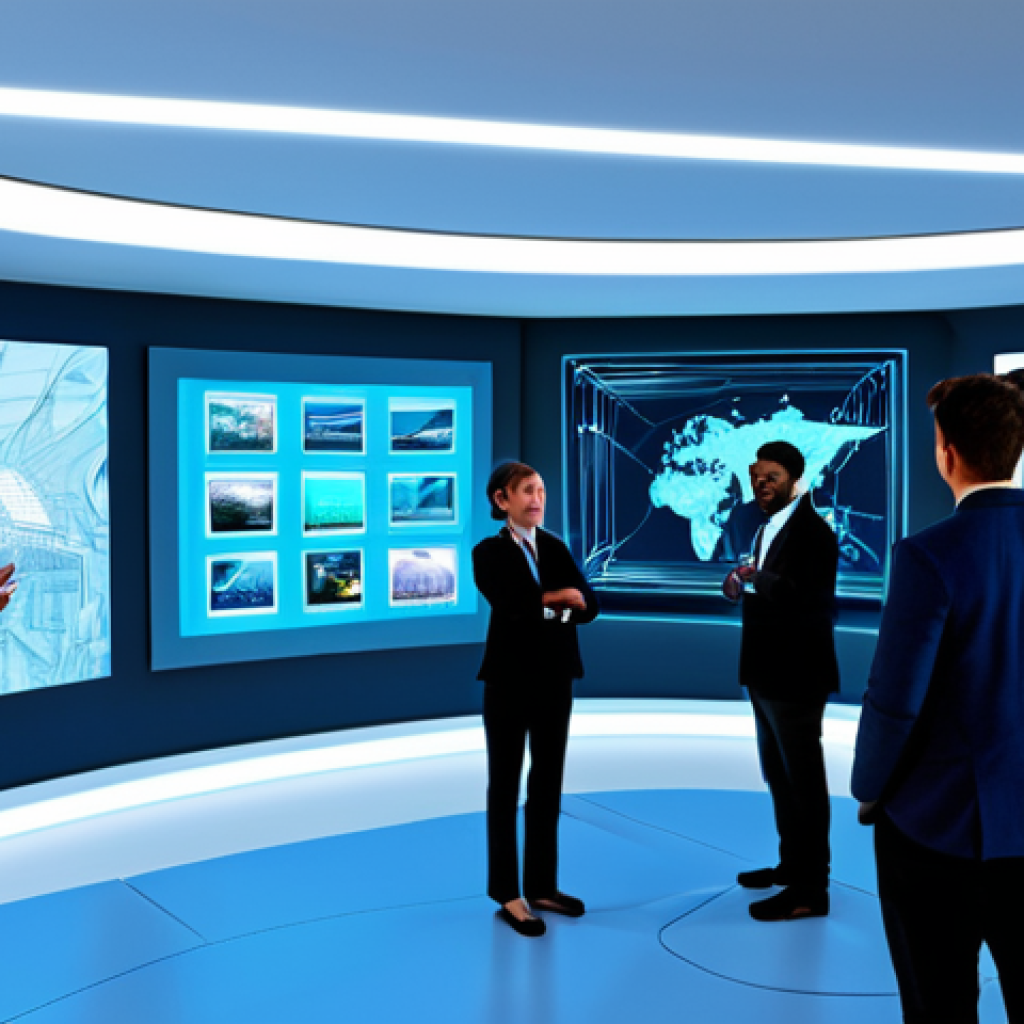 A diverse group of professional individuals, fully clothed in modern, modest business casual attire, collaboratively designing and interacting within a vibrant, futuristic metaverse landscape. They are standing near digital art galleries and virtual storefronts, engaging with holographic displays and architectural blueprints that float in the air. The scene is bright and inviting, showcasing a sense of community and innovation. Perfect anatomy, correct proportions, natural pose, well-formed hands, proper finger count, natural body proportions. Safe for work, appropriate content, fully clothed, professional.