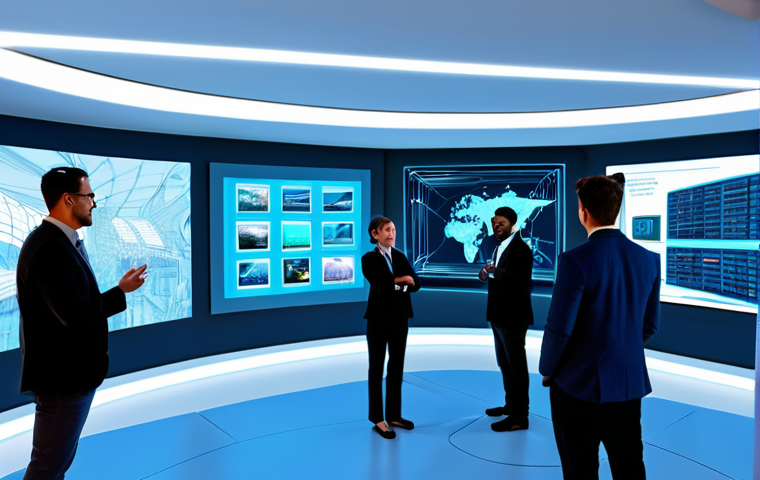 A diverse group of professional individuals, fully clothed in modern, modest business casual attire, collaboratively designing and interacting within a vibrant, futuristic metaverse landscape. They are standing near digital art galleries and virtual storefronts, engaging with holographic displays and architectural blueprints that float in the air. The scene is bright and inviting, showcasing a sense of community and innovation. Perfect anatomy, correct proportions, natural pose, well-formed hands, proper finger count, natural body proportions. Safe for work, appropriate content, fully clothed, professional.