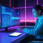 가상 공간에서의 부동산 거래 안전성 - **Prompt:** A focused individual, gender-neutral, wearing a smart tech jacket and trousers, sits int...