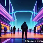 메타버스에서의 랜드마크 구축 전략 - A vibrant metaverse landmark entrance at twilight, featuring dynamic neon lighting and layered futur...