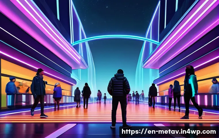 메타버스에서의 랜드마크 구축 전략 - A vibrant metaverse landmark entrance at twilight, featuring dynamic neon lighting and layered futur...