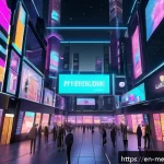 가상 부동산 투자에 필요한 기본 지식 - A futuristic virtual cityscape inside a metaverse platform, featuring diverse digital real estate pr...