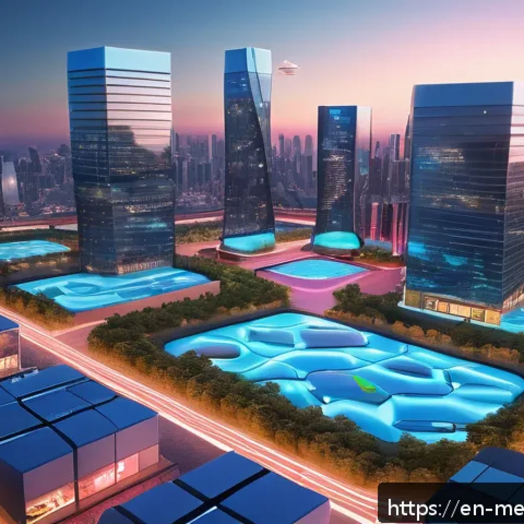 메타버스 플랫폼별 부동산 투자 리포트 - A futuristic virtual real estate marketplace in Decentraland, featuring a vibrant 3D cityscape with ...