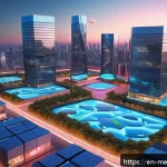 메타버스 플랫폼별 부동산 투자 리포트 - A futuristic virtual real estate marketplace in Decentraland, featuring a vibrant 3D cityscape with ...