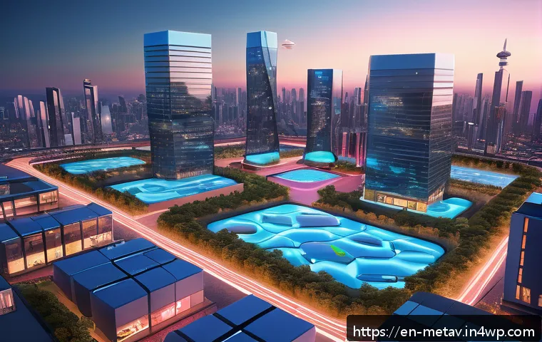 메타버스 플랫폼별 부동산 투자 리포트 - A futuristic virtual real estate marketplace in Decentraland, featuring a vibrant 3D cityscape with ...